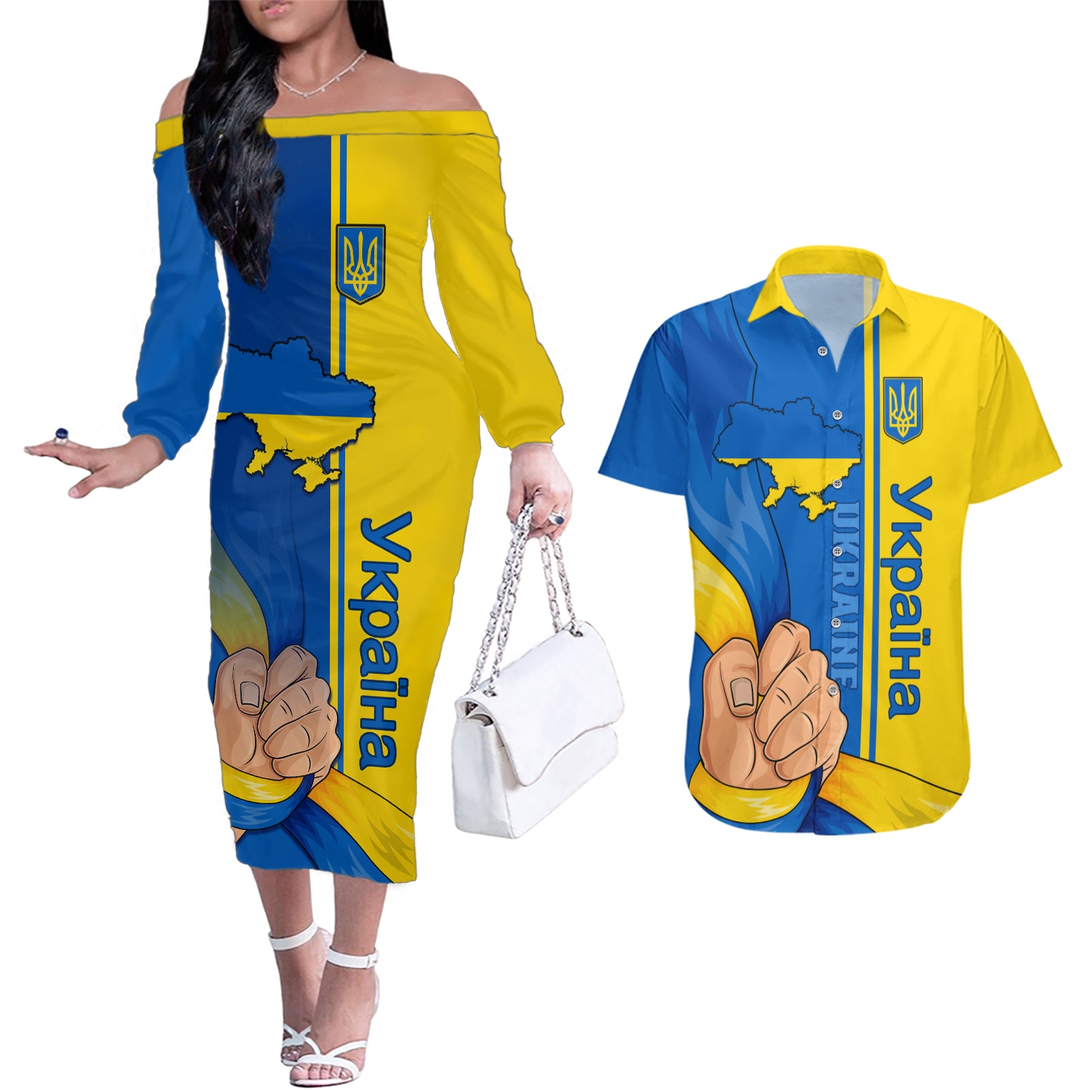 Ukraine Unity Day Couples Matching Off The Shoulder Long Sleeve Dress and Hawaiian Shirt Ukrainian Unification Act - Wonder Print Shop