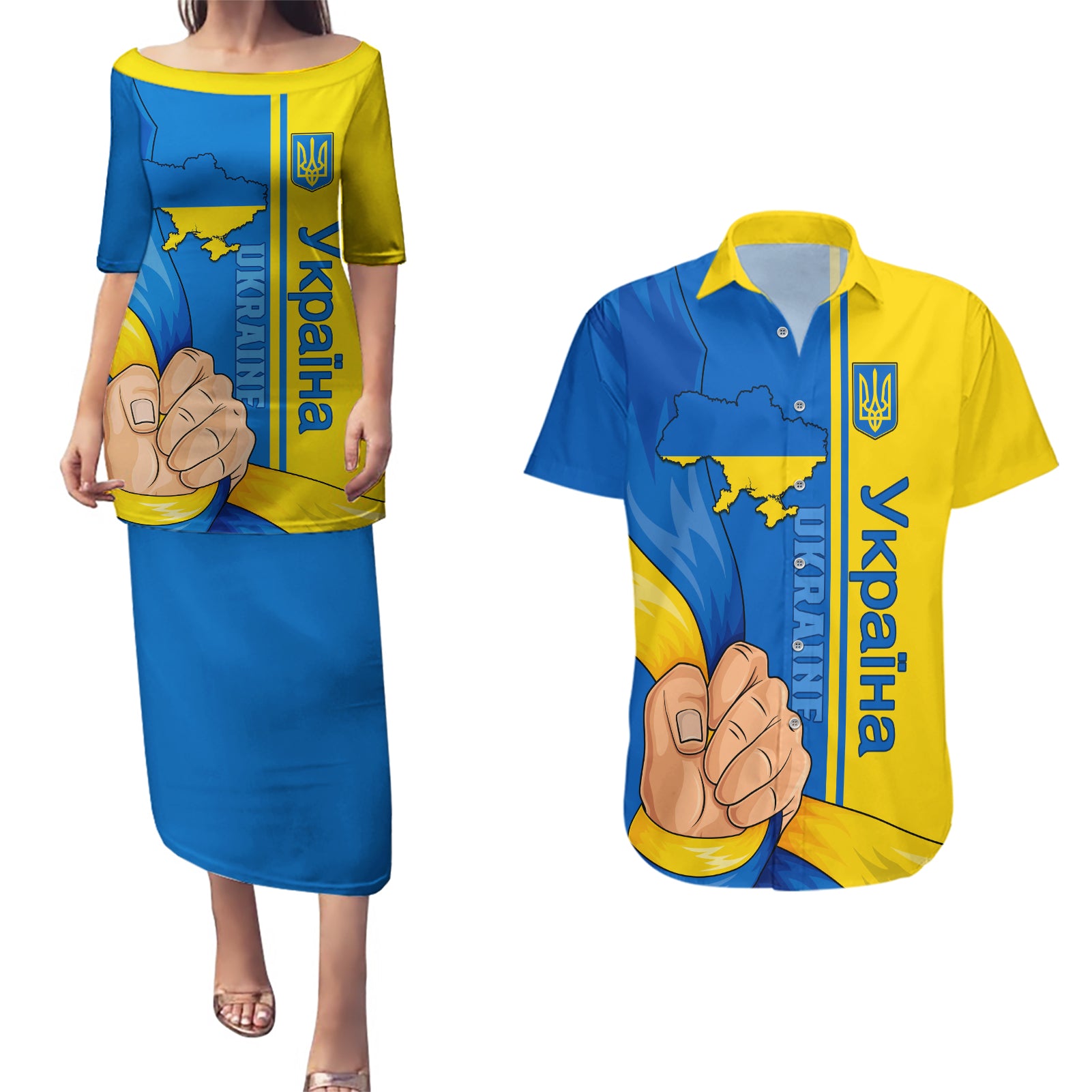 Ukraine Unity Day Couples Matching Puletasi Dress and Hawaiian Shirt Ukrainian Unification Act - Wonder Print Shop