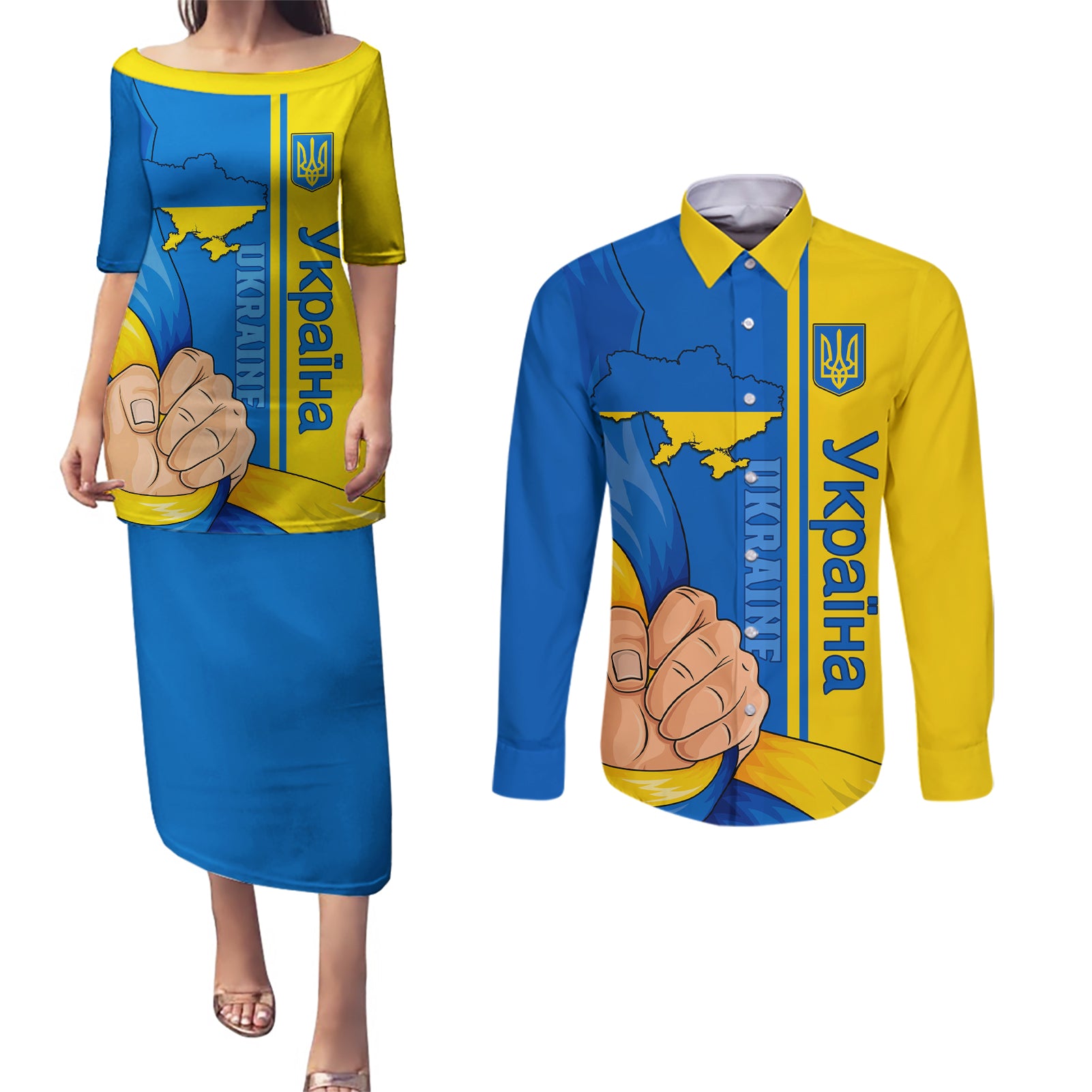 Ukraine Unity Day Couples Matching Puletasi Dress and Long Sleeve Button Shirt Ukrainian Unification Act - Wonder Print Shop