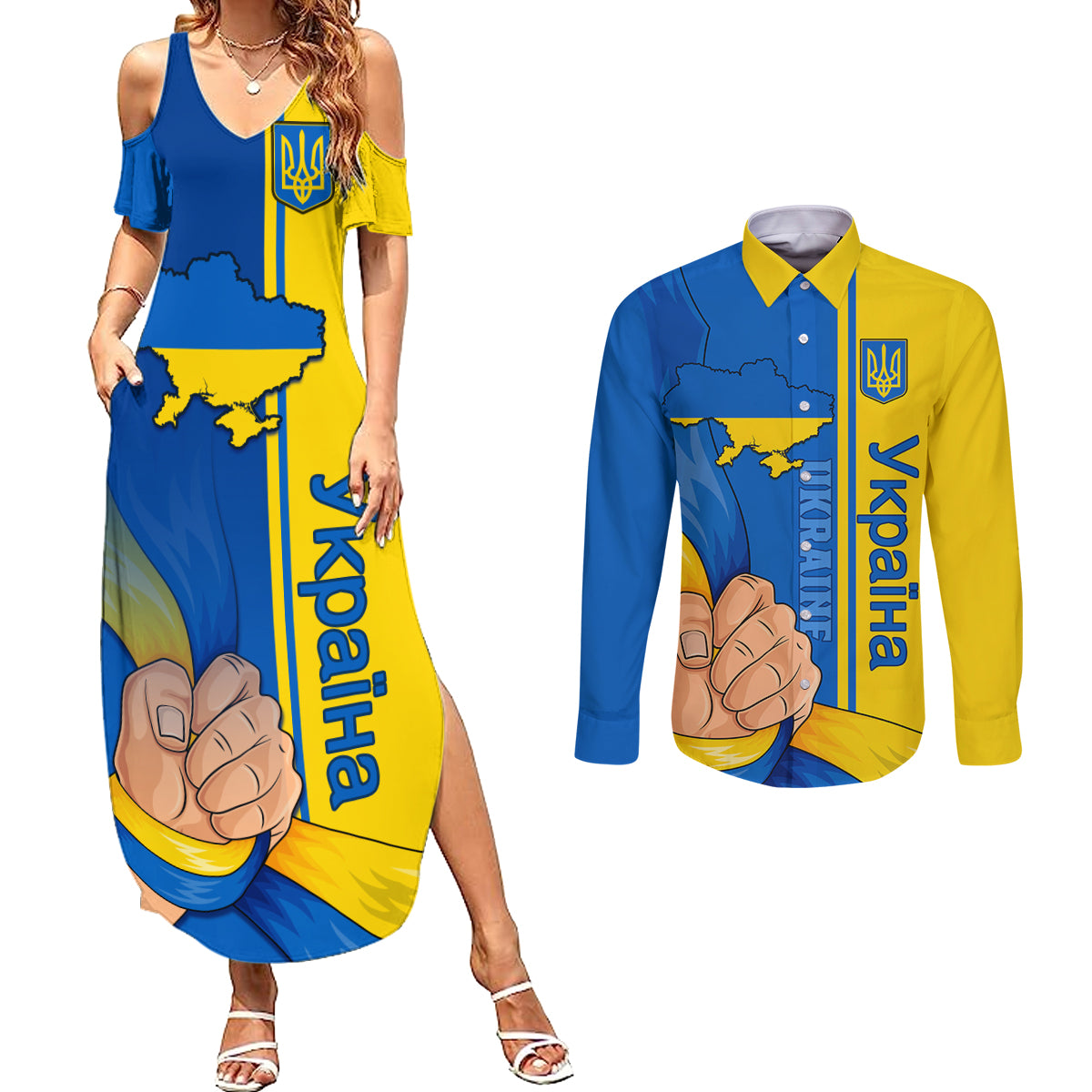 Ukraine Unity Day Couples Matching Summer Maxi Dress and Long Sleeve Button Shirt Ukrainian Unification Act - Wonder Print Shop