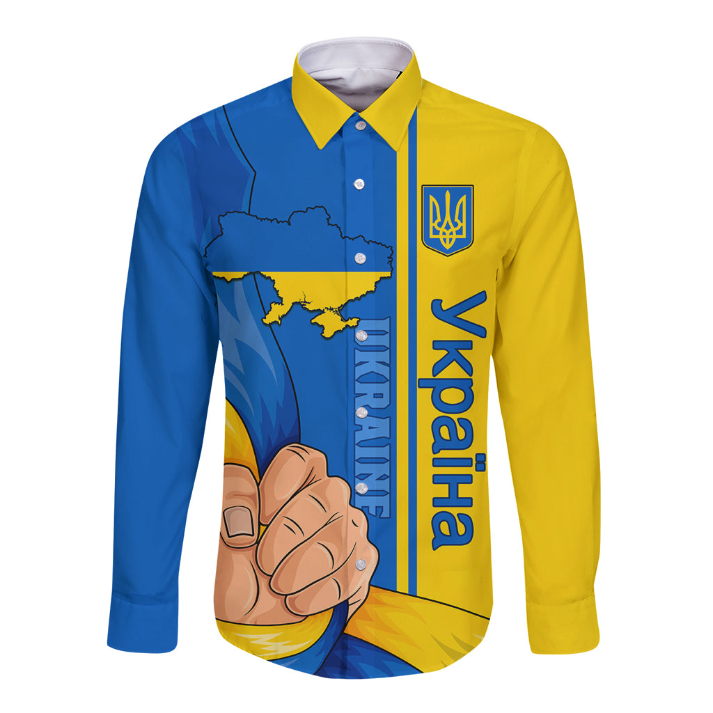 Blue and yellow long-sleeve button shirt with Ukrainian map, trident, and hand graphic