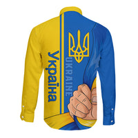 Blue and yellow long-sleeve button shirt with back trident emblem and hand graphic