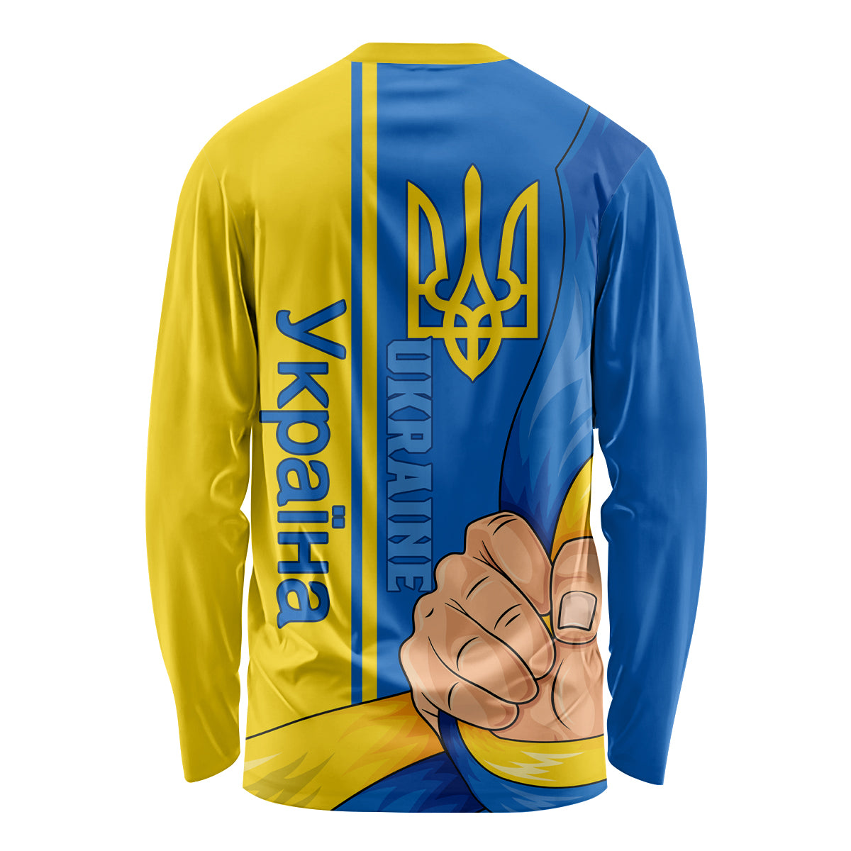 Long sleeve unisex shirt, yellow and blue back graphic with trident emblem and vertical text.