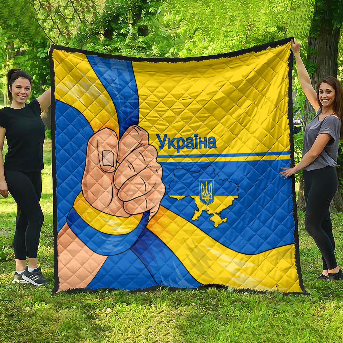 Quilted large outdoor blanket, blue and yellow Ukraine flag print with peace-hand