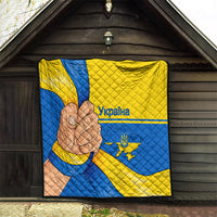 Quilted wall-hung blanket with blue and yellow Ukraine flag print and peace-hand
