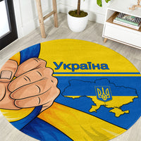 Round blue-and-yellow Ukraine carpet with map, trident emblem, and Ukraine lettering