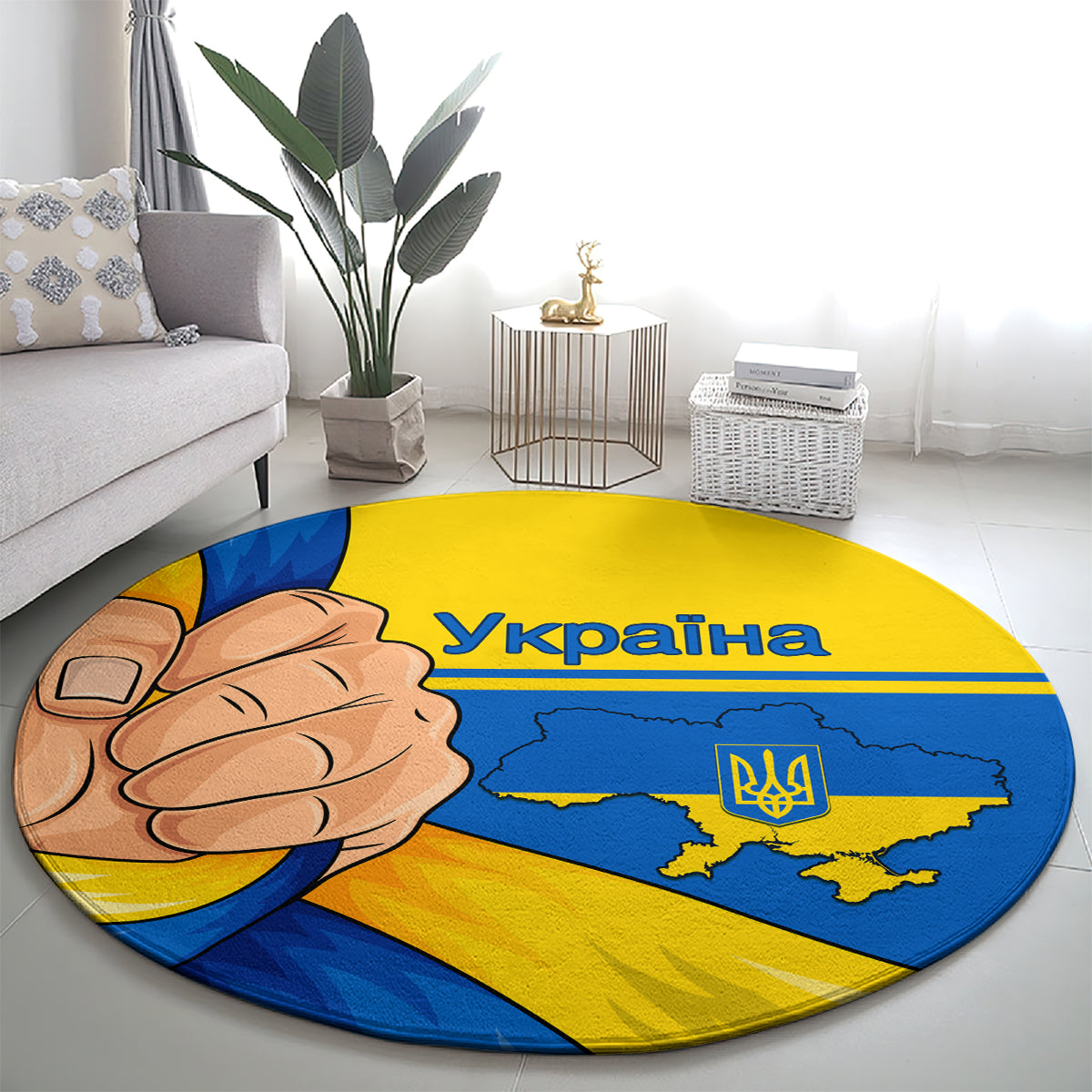 Round blue-and-yellow carpet with Ukraine lettering, trident emblem, and map outline