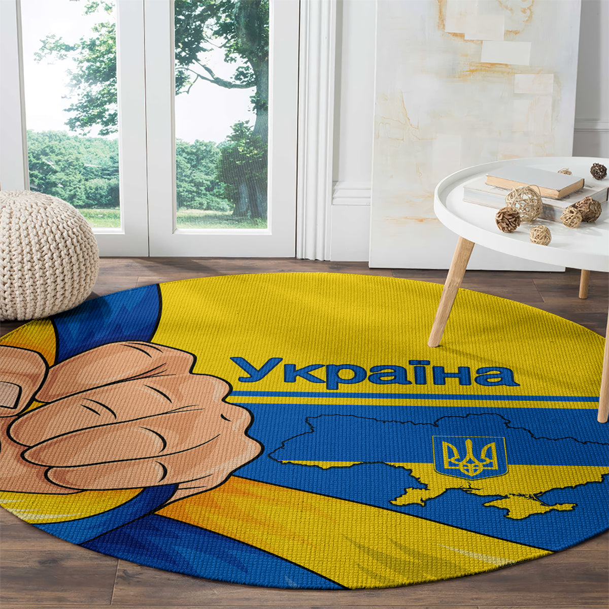 Round blue-and-yellow Ukraine carpet with clenched fist graphic, map and trident