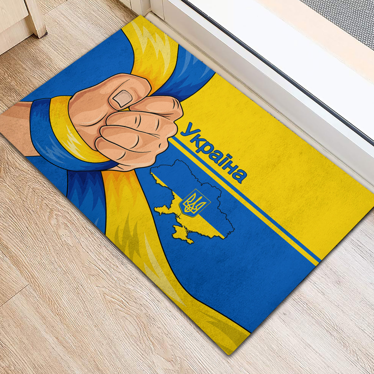 Blue and yellow Ukrainian flag rubber doormat with raised fist and "Ukraina" text