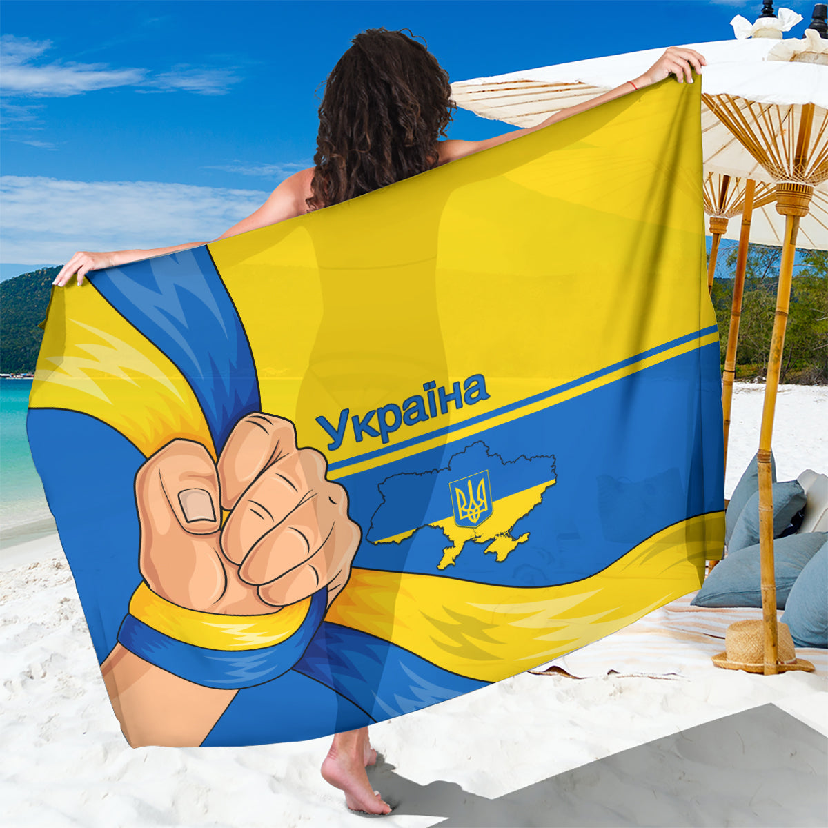 Sarong with Ukraine unity graphic, blue and yellow print, fist and map design