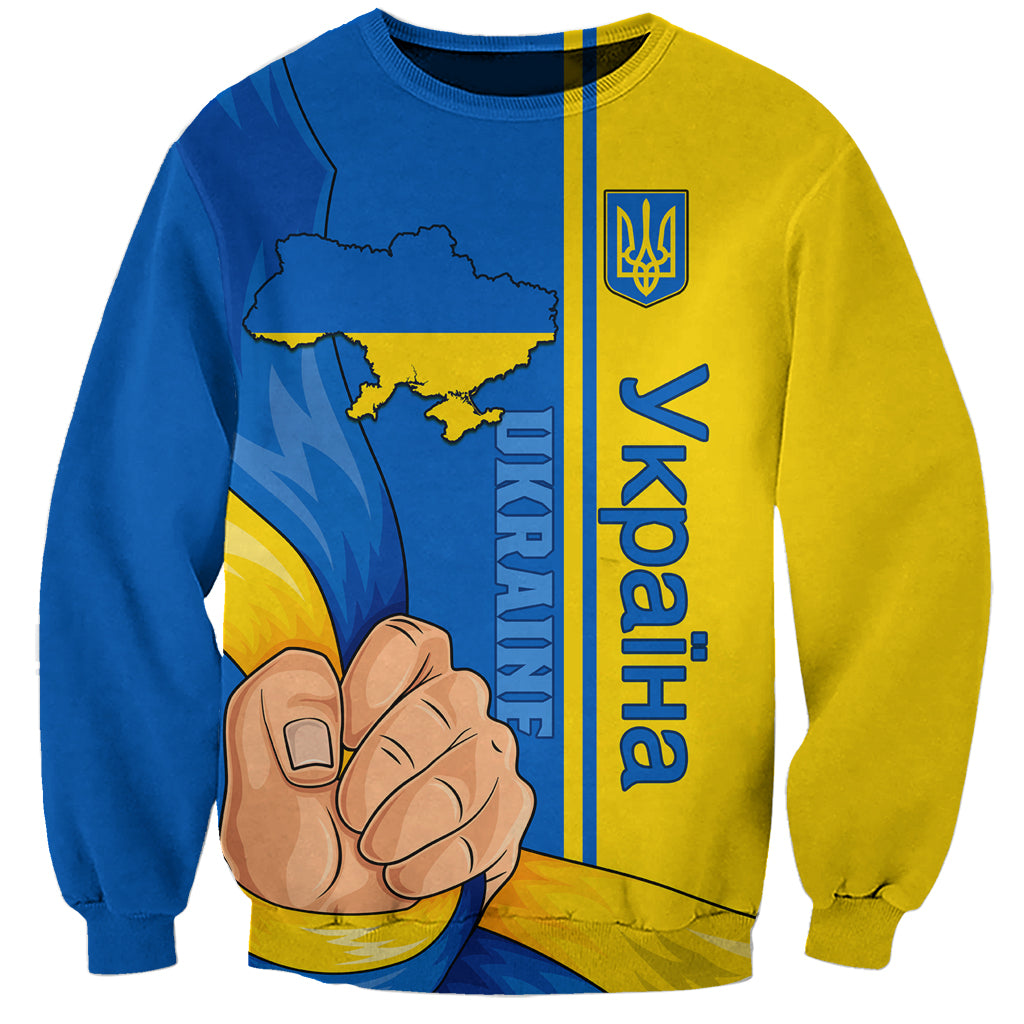 Unisex blue and yellow sweatshirt with trident emblem, Ukraine map, and fist graphic