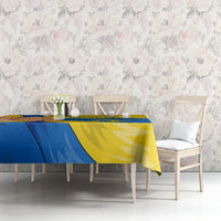 Ukraine Unity Day tablecloth on dining set, blue and yellow map-and-trident print