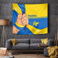 Blue and yellow tapestry with handshake, Ukraine text, and map emblem