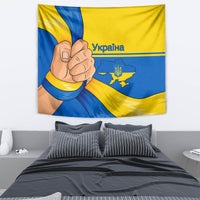 Blue and yellow tapestry showing handshake, Ukraine text, and regional map emblem