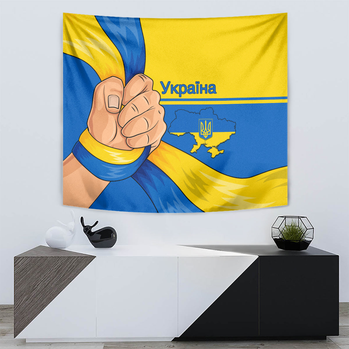 Blue and yellow wall tapestry with raised-handshake artwork, Ukraine text, and map emblem