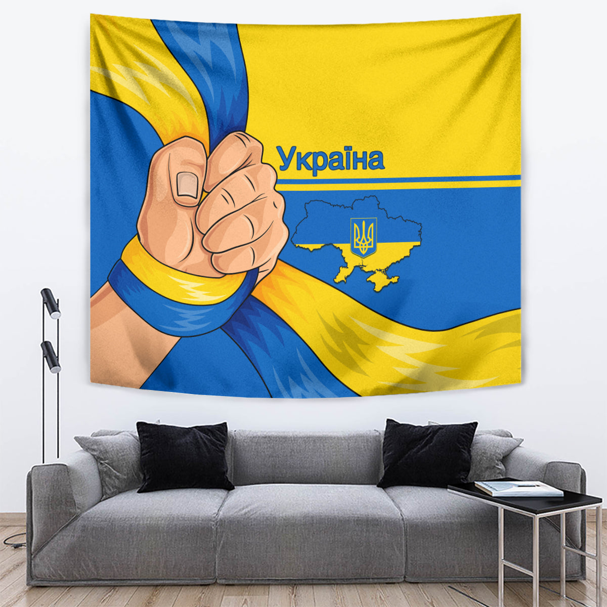 Blue and yellow tapestry with clenched-handshake image, Ukraine text, and map emblem