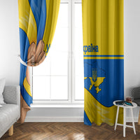 Pair of blue and yellow curtain panels framing a window, with trident and map graphics