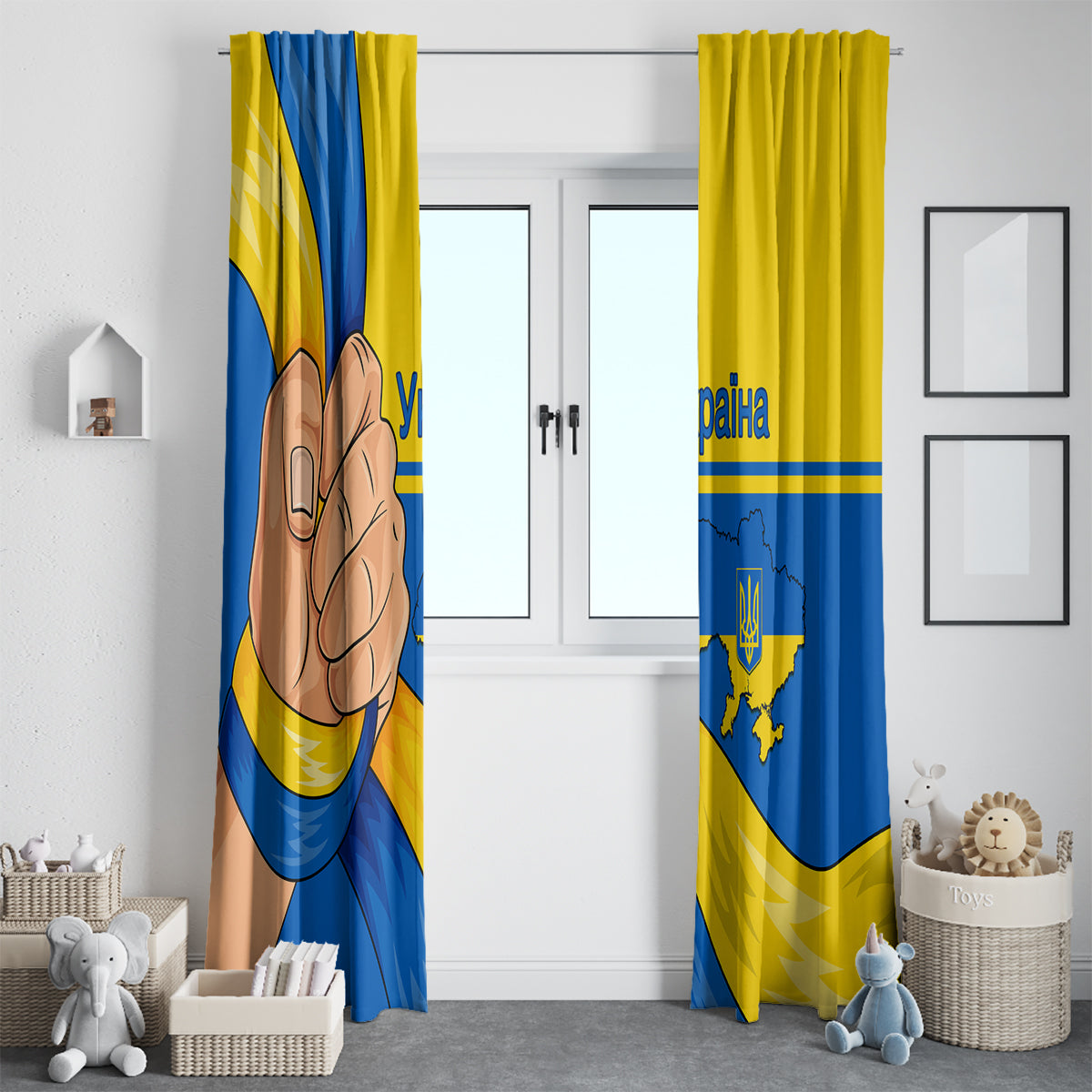 Blue and yellow window curtain pair with trident emblem and Ukraine map graphic