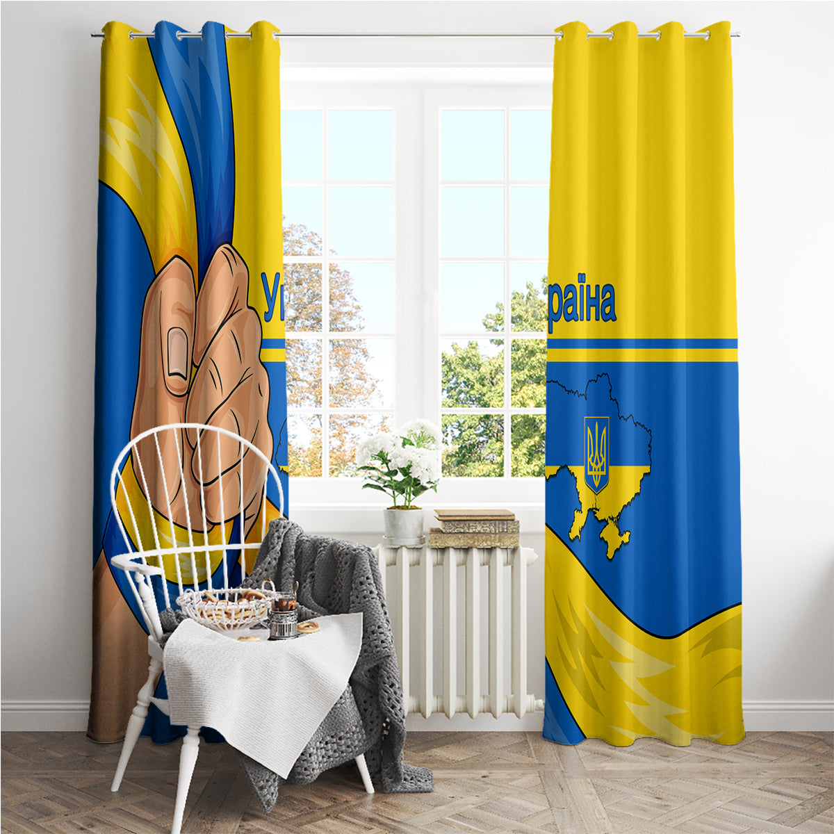 Tall blue and yellow window curtains with trident emblem and Ukraine map graphic