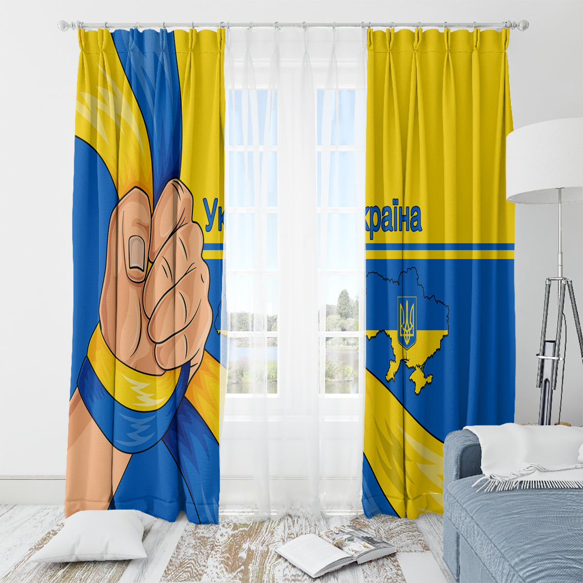 Blue and yellow window curtain panels with trident emblem and Ukraine map graphic