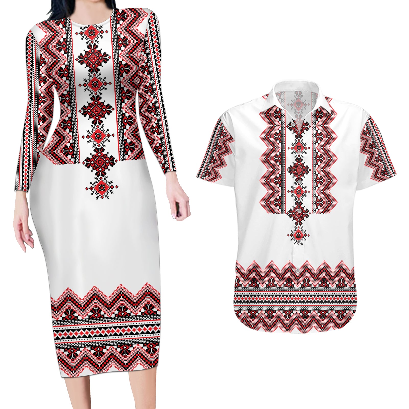 Ukraine Folk Pattern Couples Matching Long Sleeve Bodycon Dress and Hawaiian Shirt Ukrainian Traditional Version - Wonder Print Shop