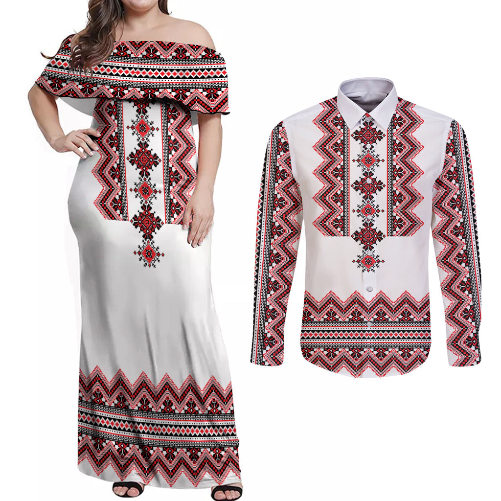 Ukraine Folk Pattern Couples Matching Off Shoulder Maxi Dress and Long Sleeve Button Shirt Ukrainian Traditional Version - Wonder Print Shop