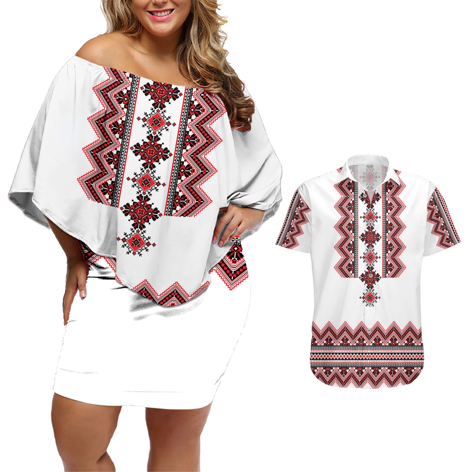 Ukraine Folk Pattern Couples Matching Off Shoulder Short Dress and Hawaiian Shirt Ukrainian Traditional Version - Wonder Print Shop