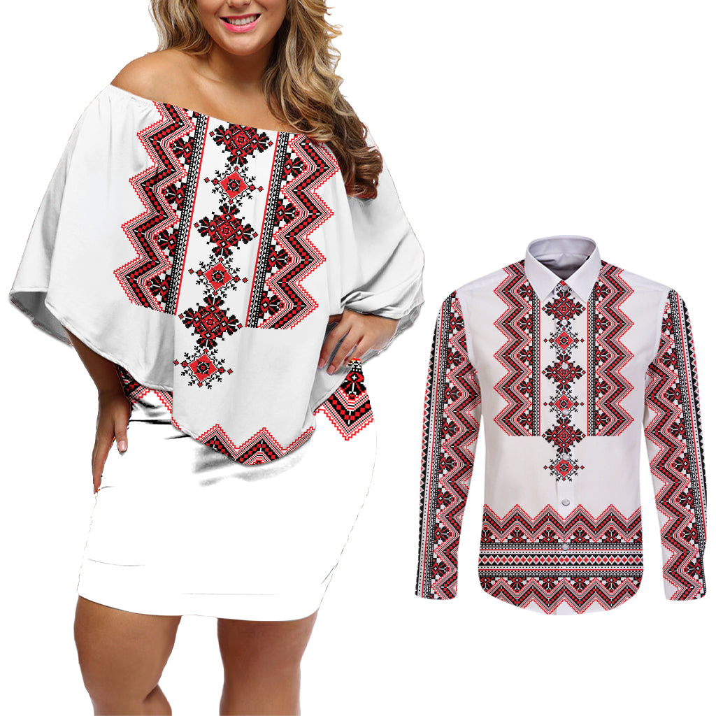 Ukraine Folk Pattern Couples Matching Off Shoulder Short Dress and Long Sleeve Button Shirt Ukrainian Traditional Version - Wonder Print Shop