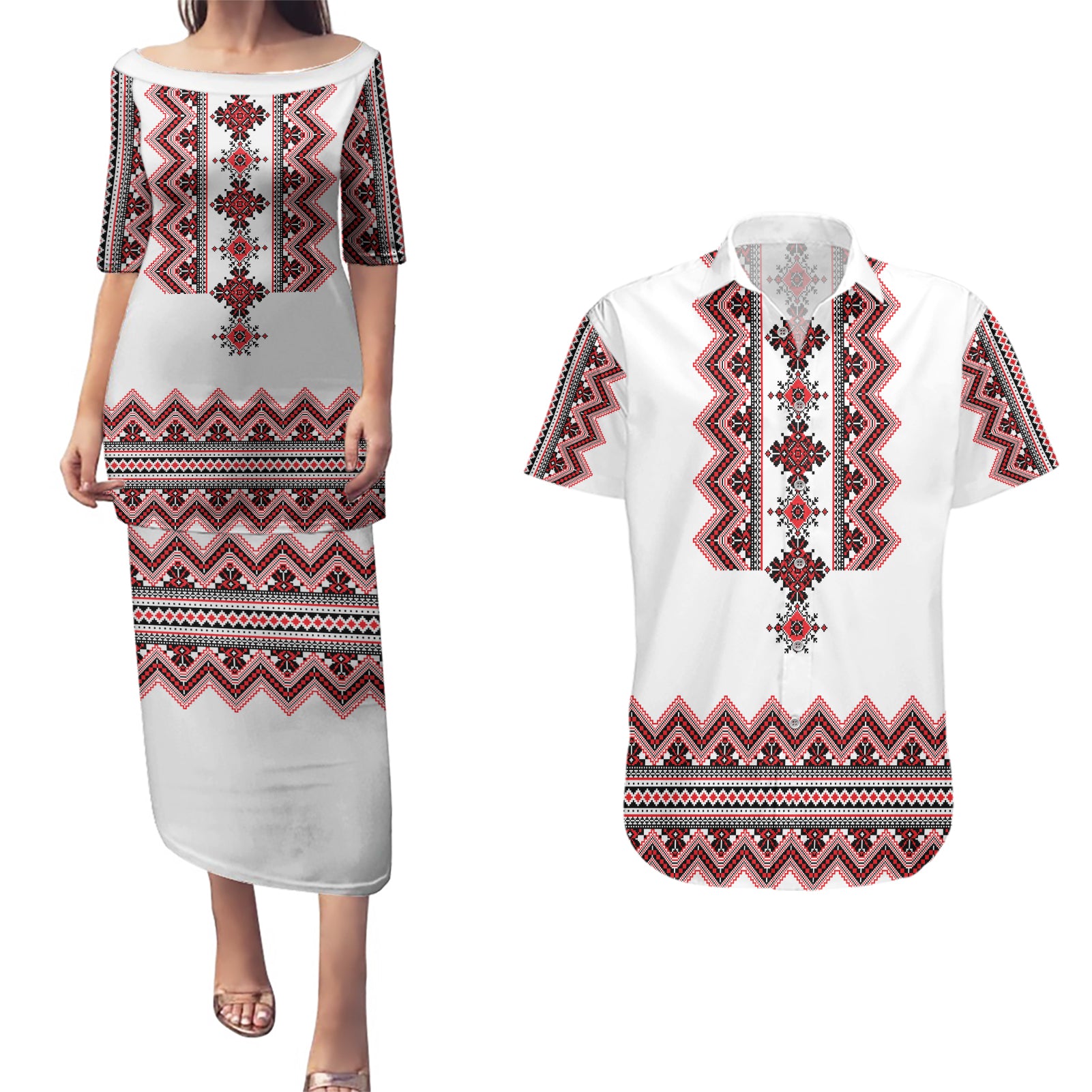 Ukraine Folk Pattern Couples Matching Puletasi Dress and Hawaiian Shirt Ukrainian Traditional Version - Wonder Print Shop