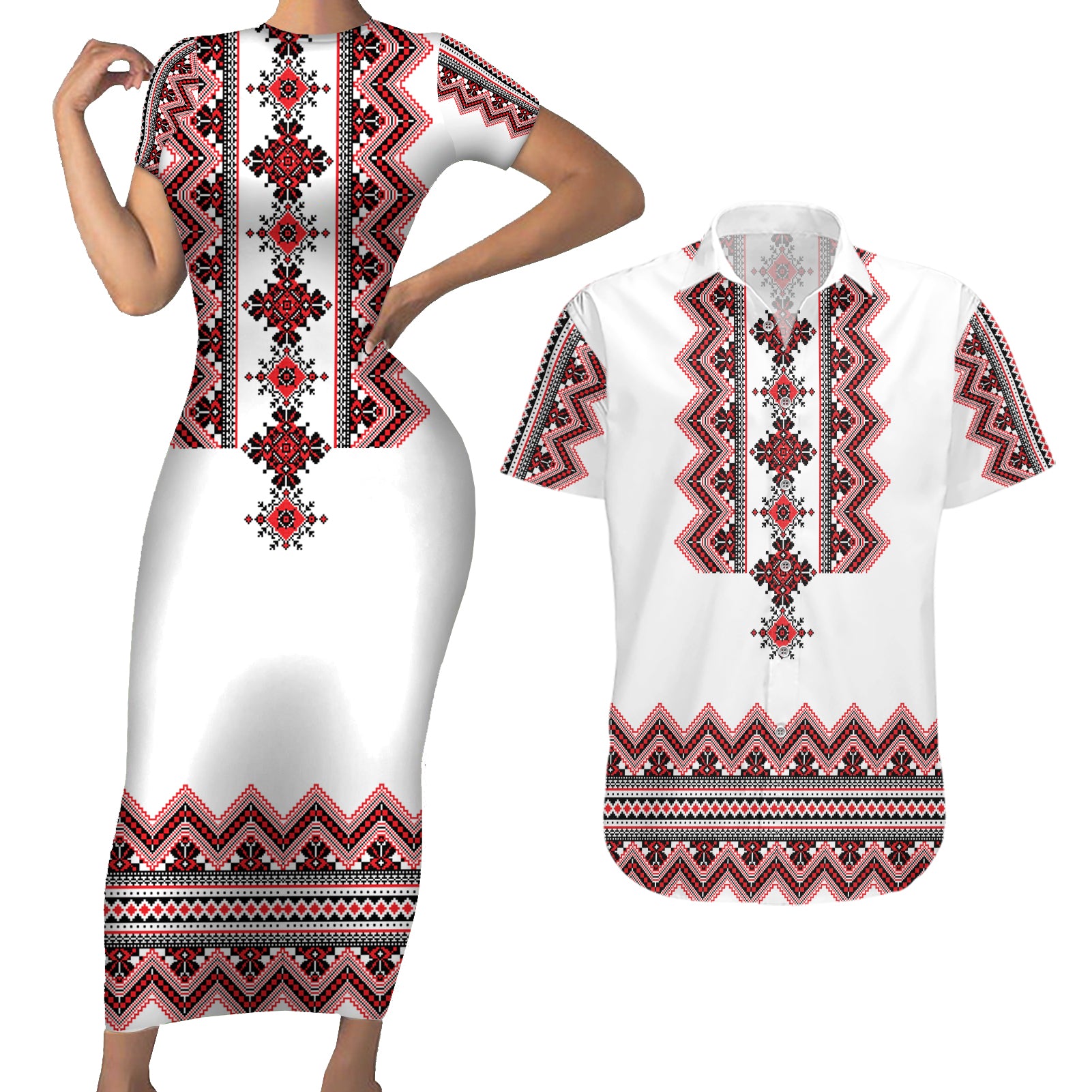 Ukraine Folk Pattern Couples Matching Short Sleeve Bodycon Dress and Hawaiian Shirt Ukrainian Traditional Version - Wonder Print Shop