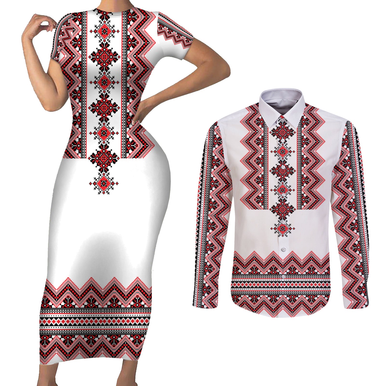 Ukraine Folk Pattern Couples Matching Short Sleeve Bodycon Dress and Long Sleeve Button Shirt Ukrainian Traditional Version - Wonder Print Shop