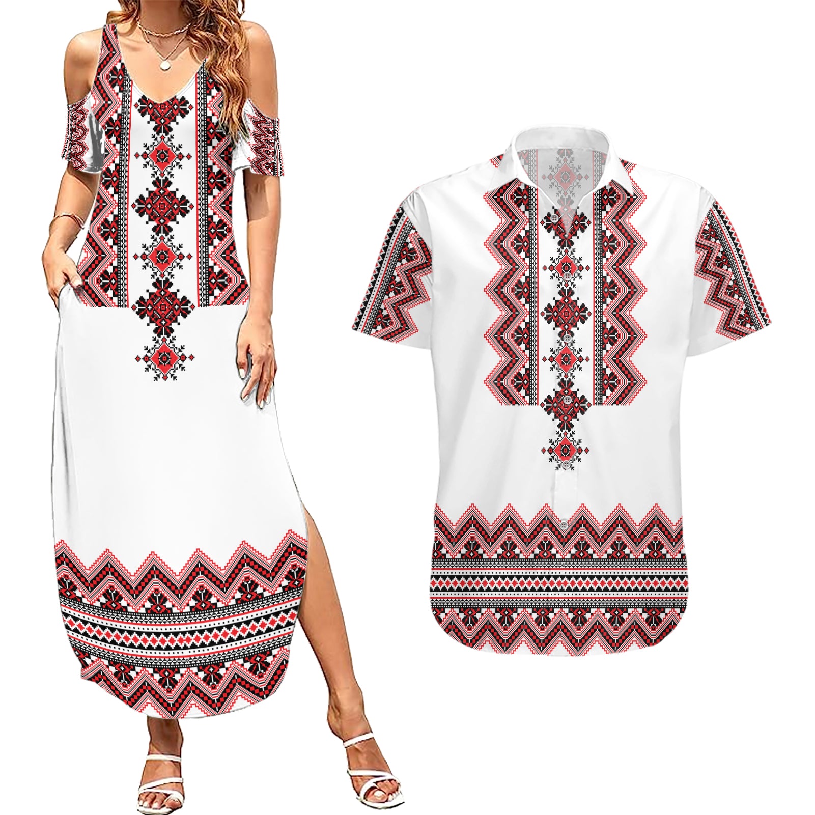 Ukraine Folk Pattern Couples Matching Summer Maxi Dress and Hawaiian Shirt Ukrainian Traditional Version - Wonder Print Shop