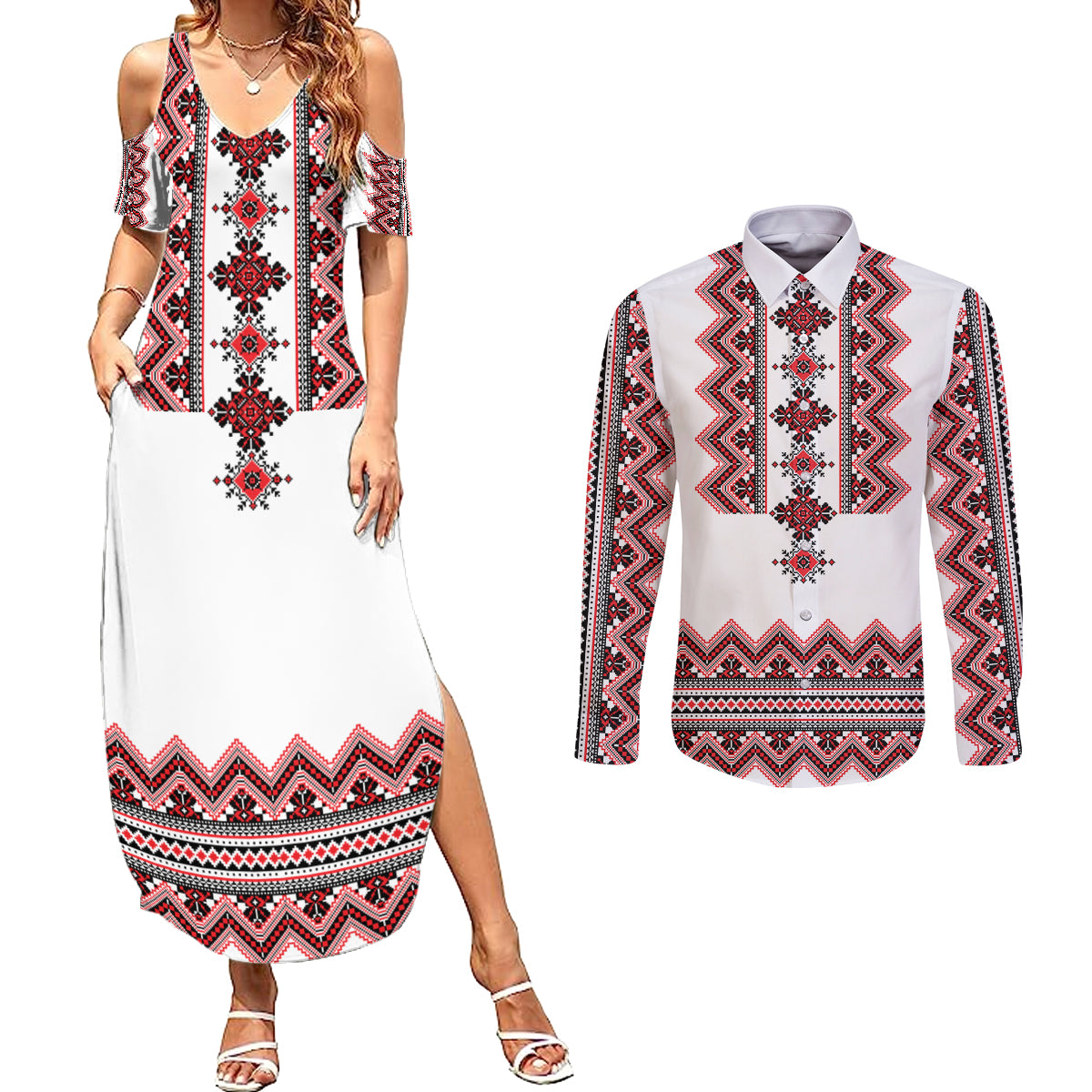 Ukraine Folk Pattern Couples Matching Summer Maxi Dress and Long Sleeve Button Shirt Ukrainian Traditional Version - Wonder Print Shop