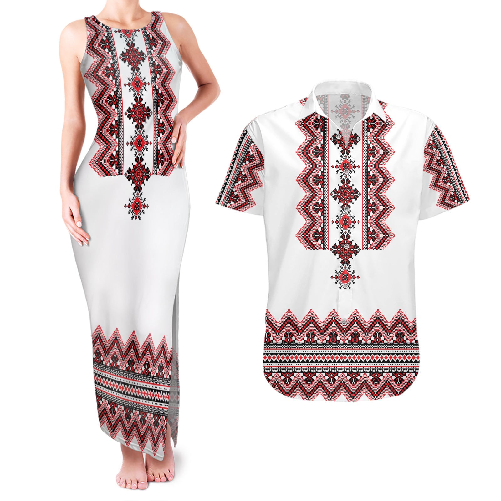 Ukraine Folk Pattern Couples Matching Tank Maxi Dress and Hawaiian Shirt Ukrainian Traditional Version - Wonder Print Shop