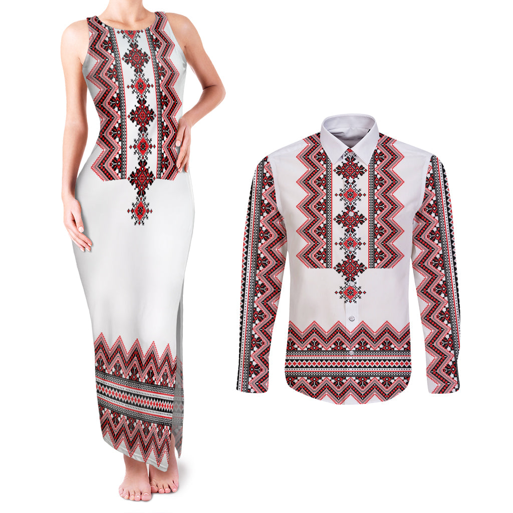 Ukraine Folk Pattern Couples Matching Tank Maxi Dress and Long Sleeve Button Shirt Ukrainian Traditional Version - Wonder Print Shop