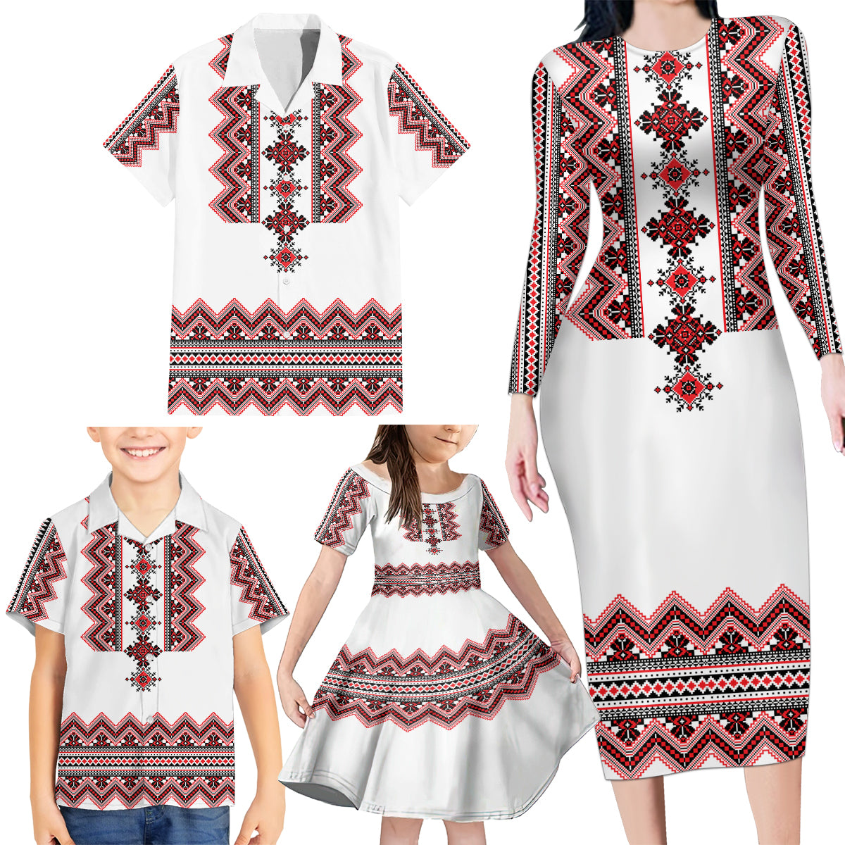 Ukraine Folk Pattern Family Matching Long Sleeve Bodycon Dress and Hawaiian Shirt Ukrainian Traditional Version - Wonder Print Shop