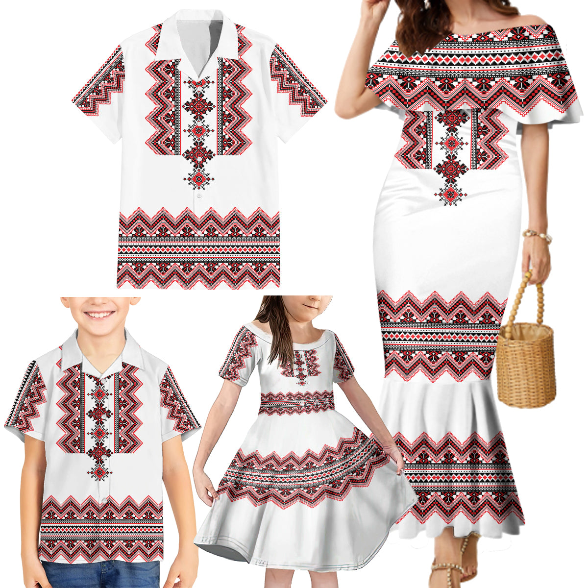 Ukraine Folk Pattern Family Matching Mermaid Dress and Hawaiian Shirt Ukrainian Traditional Version - Wonder Print Shop