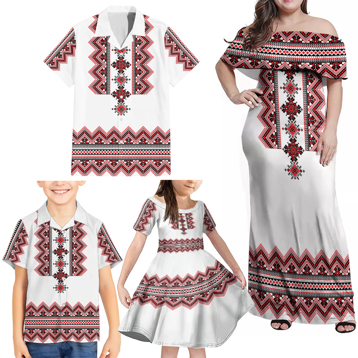 Ukraine Folk Pattern Family Matching Off Shoulder Maxi Dress and Hawaiian Shirt Ukrainian Traditional Version - Wonder Print Shop