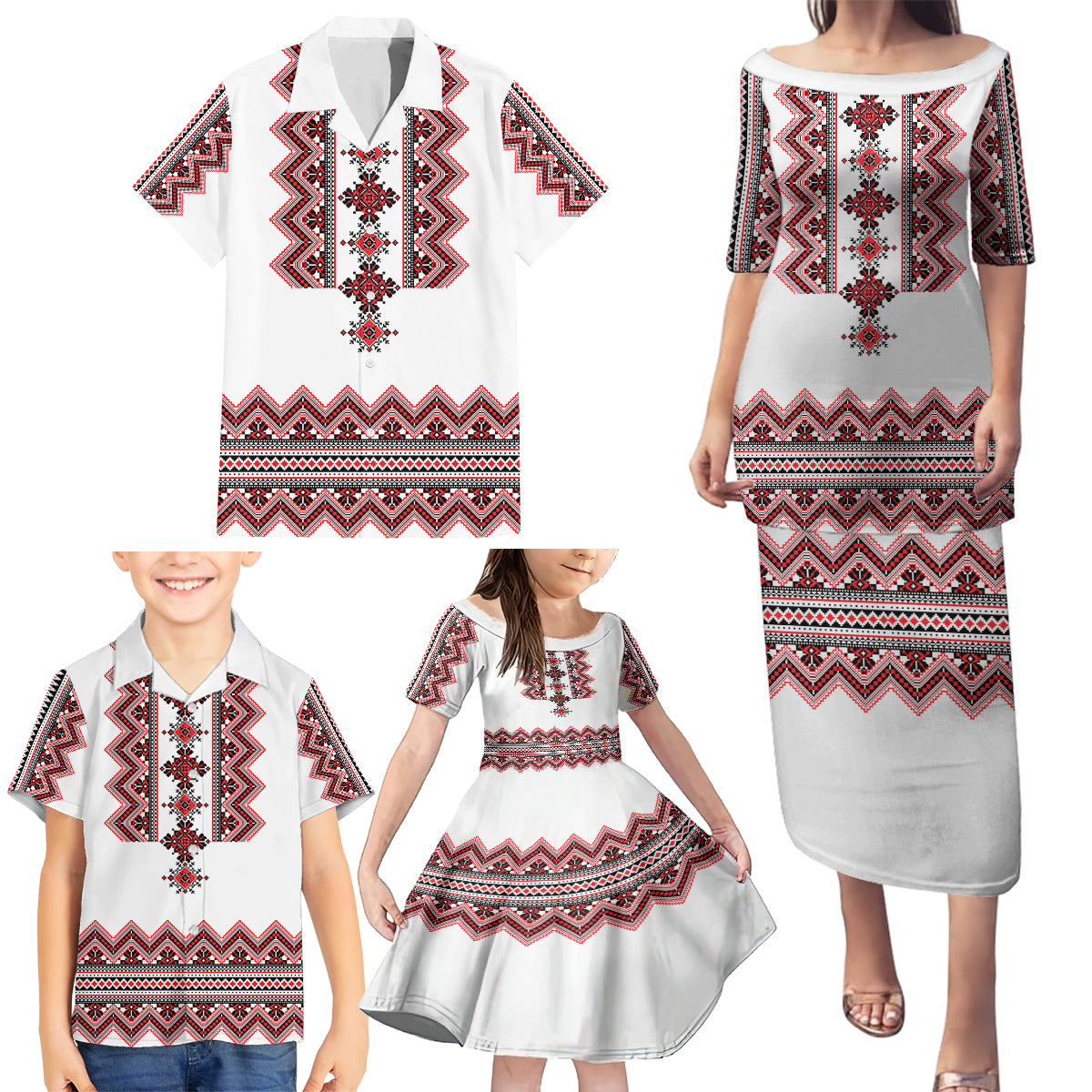 Ukraine Folk Pattern Family Matching Puletasi Dress and Hawaiian Shirt Ukrainian Traditional Version - Wonder Print Shop