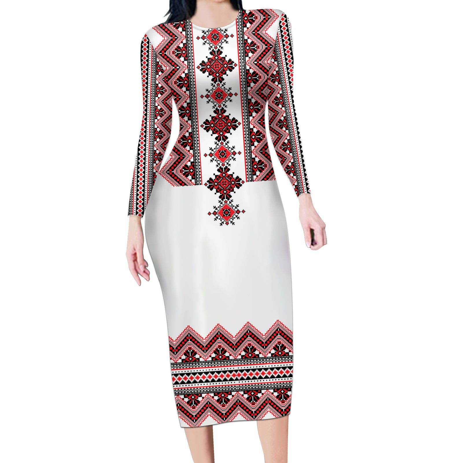 Ukraine Folk Pattern Long Sleeve Bodycon Dress Ukrainian Traditional Version - Wonder Print Shop