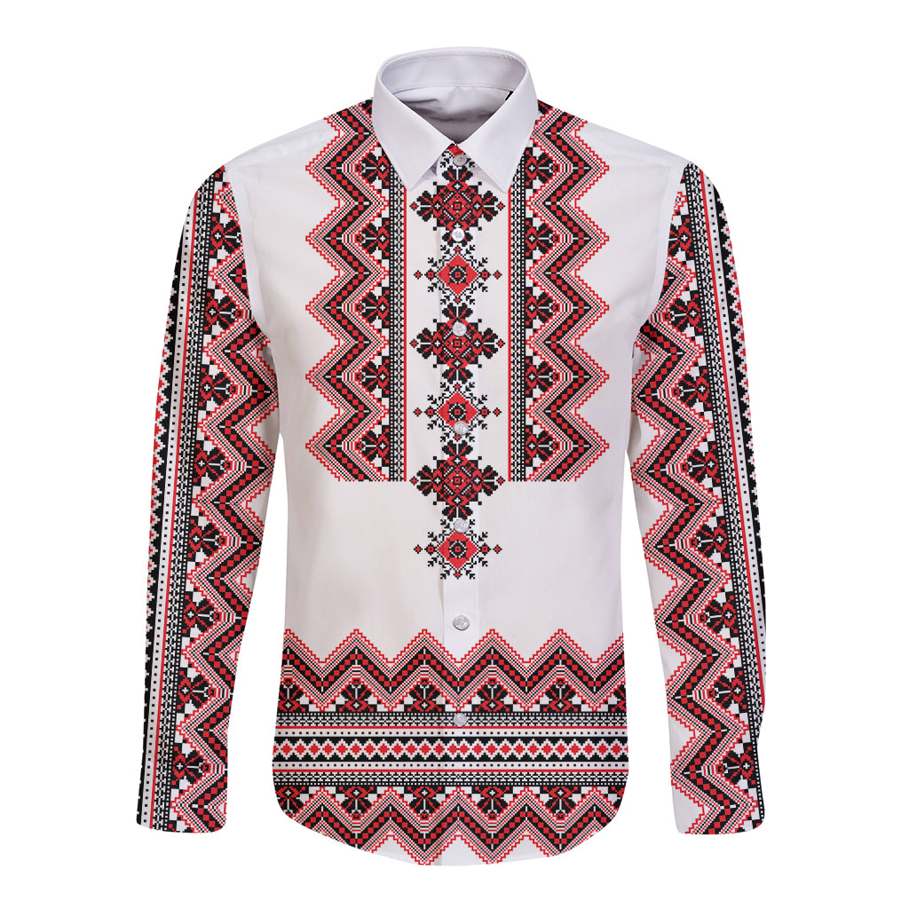 Ukraine Folk Pattern Long Sleeve Button Shirt Ukrainian Traditional Version - Wonder Print Shop