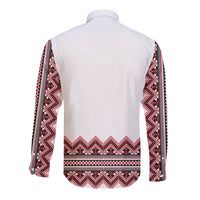 Back of white folk button shirt with red & black geometric pattern