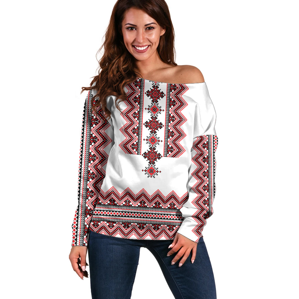 Ukraine Folk Pattern Off Shoulder Sweater Ukrainian Traditional Version - Wonder Print Shop