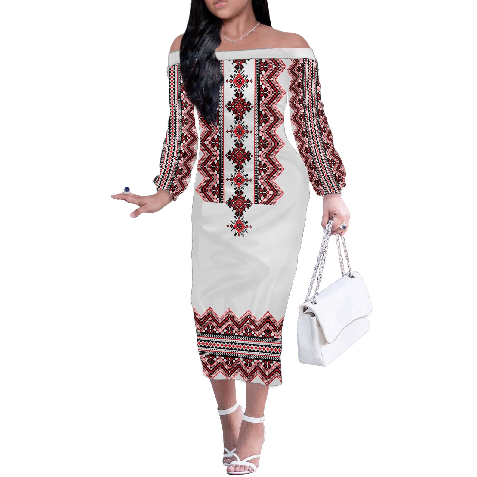 Ukraine Folk Pattern Off The Shoulder Long Sleeve Dress Ukrainian Traditional Version - Wonder Print Shop