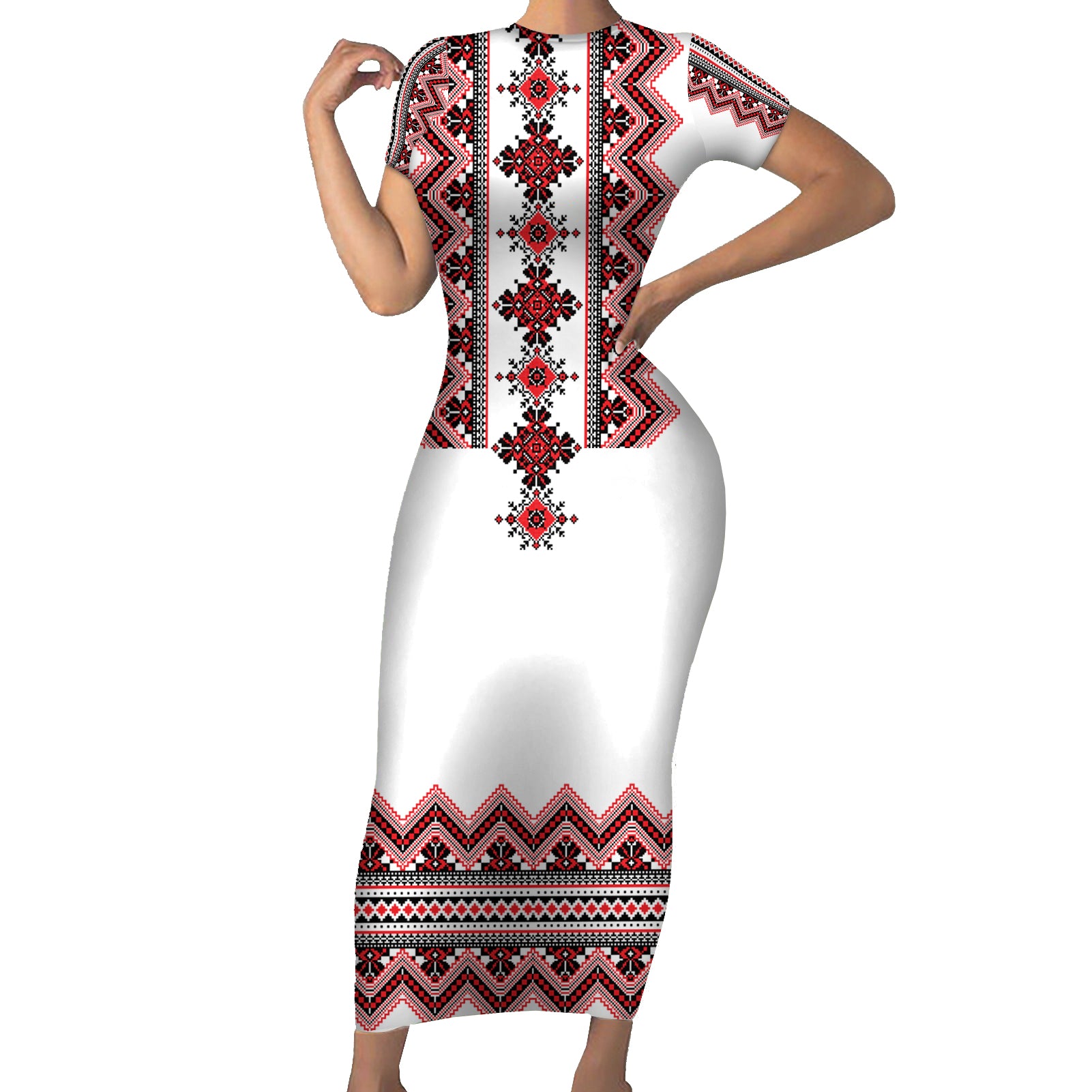 Ukraine Folk Pattern Short Sleeve Bodycon Dress Ukrainian Traditional Version - Wonder Print Shop