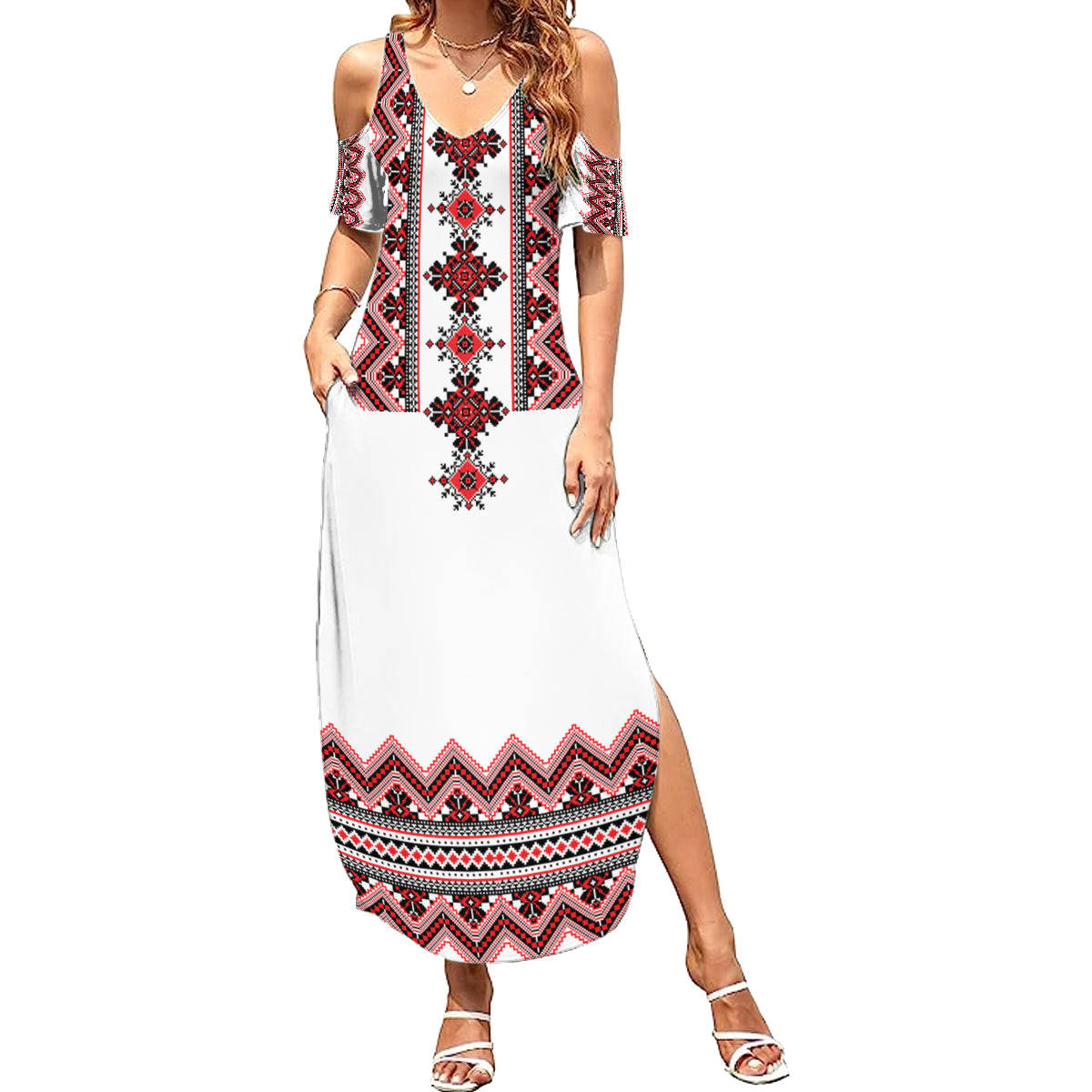 Ukraine Folk Pattern Summer Maxi Dress Ukrainian Traditional Version - Wonder Print Shop