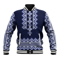 Unisex navy folk-pattern baseball jacket with full zip, striped collar and cuffs
