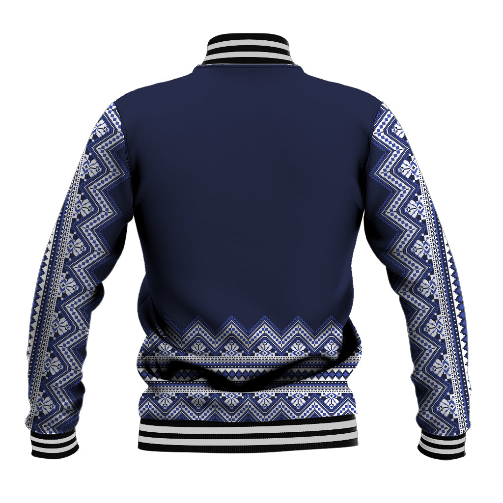 Unisex navy folk-pattern baseball jacket back with striped ribbed hem and cuffs