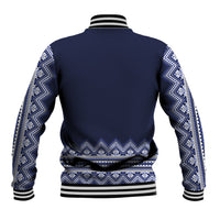 Unisex navy folk-pattern baseball jacket back with striped ribbed hem and cuffs