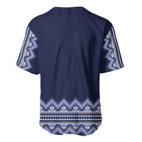 Navy blue baseball jersey back with white geometric folk border at hem and sleeves